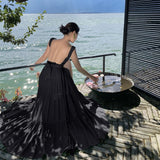 2025 Summer New French High-End Sexy Desex Strap V Tie Hanging Neck Seaside Holiday Big Swing Dress Woman