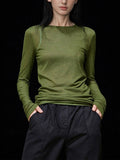 2026 Senior Sense Long-Sleeved Round-Neck T-Shirt Women's New Green Simple Leisure Inside The Thin Mask T Top