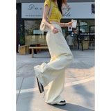 2026 Vintage Jeans Women's Design Sense Of Splicing Rice White Loose Broad-Legged Straight Trousers
