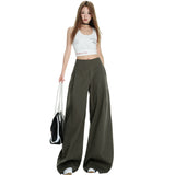 New Lazy Trend Brand Design Army Green Leisure Pants Women Summer High-Waist Loose Broad Leg Pants Drag Floor Trousers