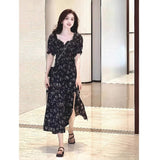 Smashed Floral Dress Woman 2025 Summer New French Bubble Sleeve Large Black Open Fork To Collect The Waist Thin Long Skirt
