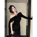 Wine Red Ribbon With Oblique Shoulder Long-Sleeved Dress Women Winter Body-Repair Irregular Dress Pure Want To Pack Hip Dress