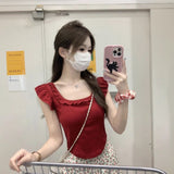 5051 #Summer Cotton Small Fresh Square Wooden Ear To Reduce The Age Of Small Flying Sleeve Bow Design Short-Sleeved T-Shirt