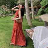 2026 New Chinese Style Retro Red Hanging Neck Dress Summer Temperament Simple Yunnan Tourism Holiday Dress