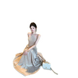 2026 French Hanging Neck Dress Women Autumn Lace Splicing Ribbon Dress High-End Temperament Dress