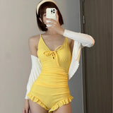 Milk Yellow Lace With Lotus Leaf Side Swimsuit Women Knitted Cardigan Two Sets Of Meat Cover Thin Hot Spring Holiday Swimsuit