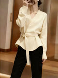 Korean Wearing Gray V-Neck Long-Sleeved Knitted Shirt Women's Autumn And Winter Loose Lazy Waist Sweater Inside The Bottom Top