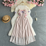 Atmosphere Fairy Vacation Dress French Colored Three-Dimensional Flowers High Waist Slim Temperament Suspension Chiffon Dress