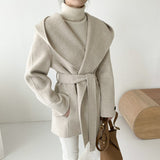 Korean Chic Autumn And Winter Retro High-End Belt Hair Coat Loose Small Hooded Cape Coat 3 Colors