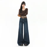 Vintage Micro-Horn Jeans Women Spring And Autumn High Waist Hanging Feeling Niche Front Pocket Elastic Broad Leg Trousers Trousers
