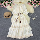 Bohemian Holiday Style Dress 2025 New Ins Travel Skirt Sweet Bubble Sleeve Splicing Tuxedo Dress