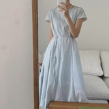 Korean Ins Temperament Simple Summer Cool Feeling Round Neck Short Sleeves With Long Dress 3 Colors