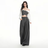 Korean High-End Gray Lace-Tuited Casual Pants Women 2026 New Autumn Drag Broad-Legged Straight Trousers