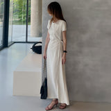 South Korea's New Summer French Elegance Simple Design Feel Side Strap Open Waist Short-Sleeved Dress