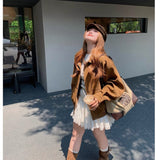 [Original Snowflake Peel] Maillard Retro Leather Jacket Women's Autumn Loose Collar Casual Locomotive Jacket