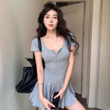Gray U-Neck Short-Sleeved Dress Woman Summer Small Folded Waist A Skirt Babes Super Short Skirt Folding Skirt