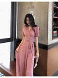 New Women's French Retro Orange Truss Dress Medium Long V To Receive Thin Dress Women's Lace French Elegance