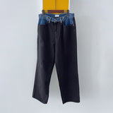 Fashion Personality Design Waist-Head-Collage Jeans Korean Version Of Niche Street Splicing Loose Black Straight Jeans
