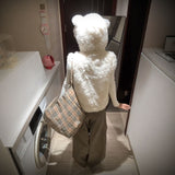 Little Bear Ears Macoat Hooded Hairy Jacket 2025 Spring And Autumn Shoulder Vest Fashion Adds Sweetness