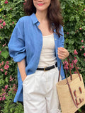 French Loose-In-Sense Shirt Thin-Sting Loose Sun-Sample Nes Blue Shirt Cotton Linen Woman