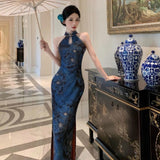 New Chinese Style Elegant Retro Print Open Fork Improved Cheongsam Dress Open Sleeveless Plate Button Dress Woman
