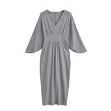 French Temperament Folded V-Neck Seven-Sleeved Dress Women's Knitted Long Dress Open Pocketed And Waist-Poked Skirt New