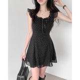 Korean Sweet Girl Wave Point Small Flying Sleeve Lotus Leaf Lace Waist Chiffon Dress Small Thin Short Dress
