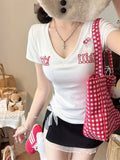 5113# Summer New Shoulder Short Sleeve Hollow Mesh Embroidery T-Shirt Girl Body Integrated With Chest Cushion