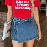Korean Chic Irregular Strapped Cowboy Skirt Design Side Open-Fork Cowboy Ass Skirt 3 Colors
