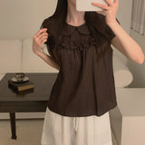 Korean Sweet Age-Bearing Doll Tie Wooden Ear Splicing Short Sleeve Lattice Shirt Woman Loose Thin Wind Top