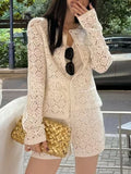 2025 Super Fire Summer Dress A Complete Set Of New Female Temperament Unique Hollow Hooks T-Shirt Coat Top White Shorts