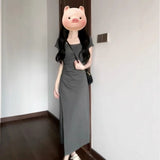 Round Collar Folded Waist Dress Women's Summer 2026 New Gray Small French A-Word Long Dress