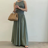 Korean Version Of The Summer Simple Round Collar Show Thin Splicing Folded Elastic Waist Skirt Sleeveless Long Dress 6 Colors