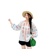 Ethnic Wind Embroidered Cotton Tupling Tweed With Lantern Sleeve Yunnan Tibet Tourism Wearing Shirt 2025 Spring And Summer