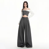Korean High-End Gray Lace-Tuited Casual Pants Women 2026 New Autumn Drag Broad-Legged Straight Trousers