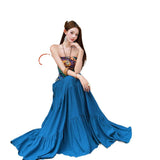 Xishuangbanna Tourism Holiday Style Wearing Suit Female Bohemian Print Blouse Blue Half-Body Dress
