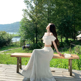 One-Word Shoulder French Lotus Side Top Women's Summer New Gentle Suit High Waist Hanging White Skirt Dress