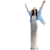 2025 Holiday Style Millennium Lace Skirt Fishtail Skirt With White Thoracic Top + Outer Coat