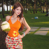 2026 Print Neck Neck Vest Woman To Collect Waist Thin Flower Short Word Half Skirt Holiday Wear
