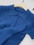 This Year's Popular Polo Collar Blue Knitted Short-Sleeved T-Shirt Woman 2025 New Slimming Blouse