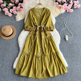 Vintage National Bubble Sleeve V-Neck Dress Women's Summer Embroidery Single-Caught Belt Design Temperament Long Dress
