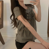 Korean Sweet Age-Bearing Doll Tie Wooden Ear Splicing Short Sleeve Lattice Shirt Woman Loose Thin Wind Top