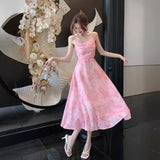 Temperament Sexy Dew-Back Flower Sling Skirt Woman 2025 Summer New To Collect Waist Thin Chiffon Dress