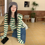 V-Neck Striped Knitted Jersey Women's Gas With Summer 2025 Early Autumn New Bottom Shirt Design Feeling Long-Sleeved Top