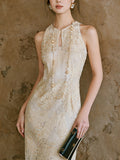 Moonlight Golden Lace Weaving Heavy Industry Three-Dimensional Embroidery Lace Lace Hollow Open Sleeveless Dress New Chinese Style