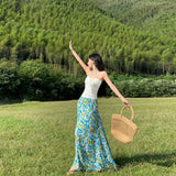 Seaside Holiday Style Suit French Rope Smear Vest Top Woman Early Autumn Blue Floral Half Dress Two Sets