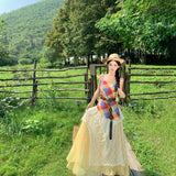 Xinjiang Sichuan West Travel Wearing Dopamine Yellow Lattice Folded Lace Yellow Skirt Three-Piece Set Of Women's Summer