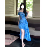 Holiday Wind Broken A Flower-Slaught Shoulder Dress Women's Summer 2025 New Waist Display Thin Irregular Blue Slings Long