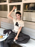 Summer Korean Vintage White Wave Point Cute Full Printed Puppy Short Sleeve T-Shirt Girl's Waist Showing Thin Shoulder Tide
