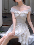 French Open Shoulder Irregular Dress Screen Yarn Elastic Lace Dress Long Version